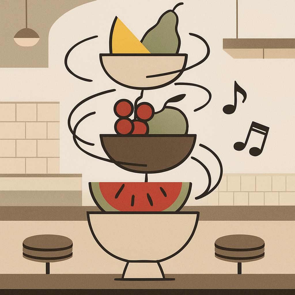 Stacked fruitbowls in a neutral-toned bar or restaurant with beige/theater brick walls, along with a music note.