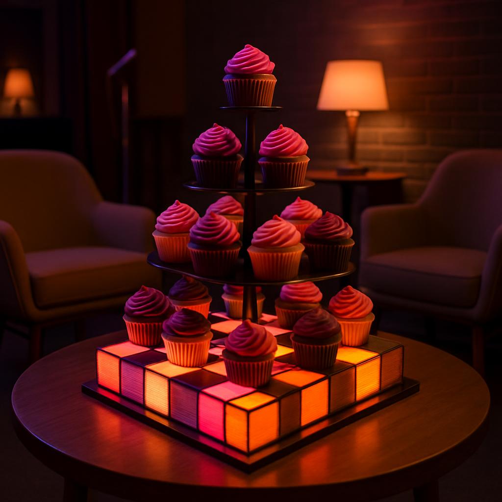 A group of cupcakes decorated in pink icing are arranged on a glowing eight by eight LED "chessboard"-style illuminated se...
