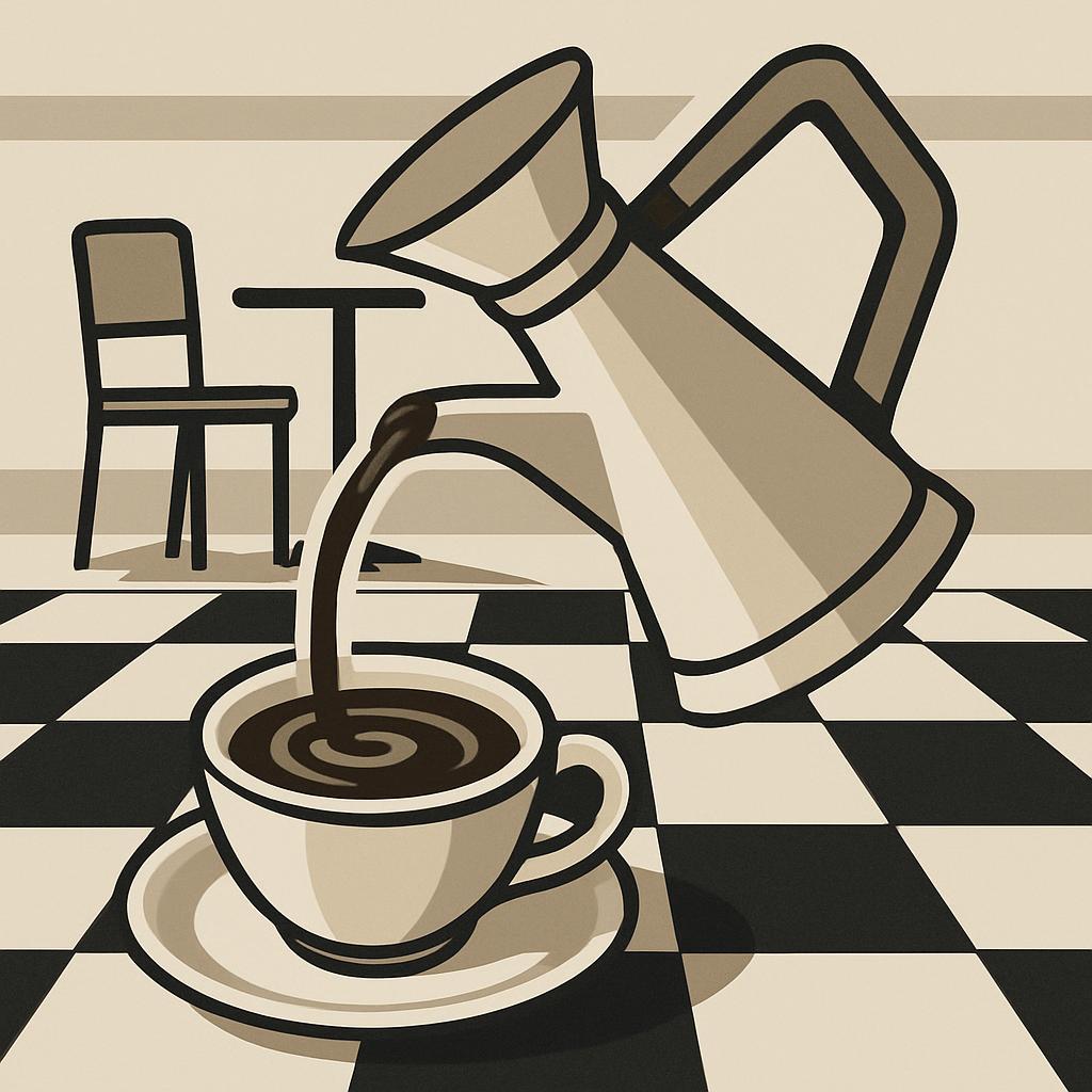 A cartoon-style illustration of coffee being poured into a cup, which sits on a black and white checkerboard floor. The ro...