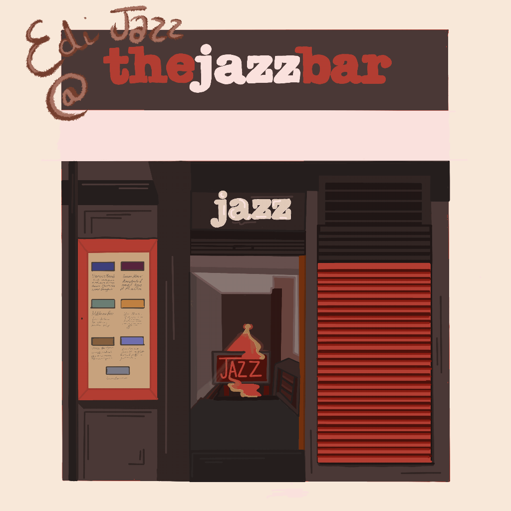 Illustration of a jazz bar storefront with a woman's silhouette on the front door, featuring a sign on the window.
